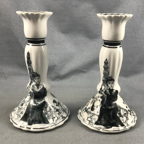 Oriental Ebony Ceramic Candle Holders Seymour Manning Set Berco Canada 1989 - Picture 1 of 10